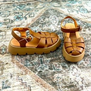 Anthropologie Pilcro Platform Fisherman Sandal Tan Brown Leather Wedge size 37.